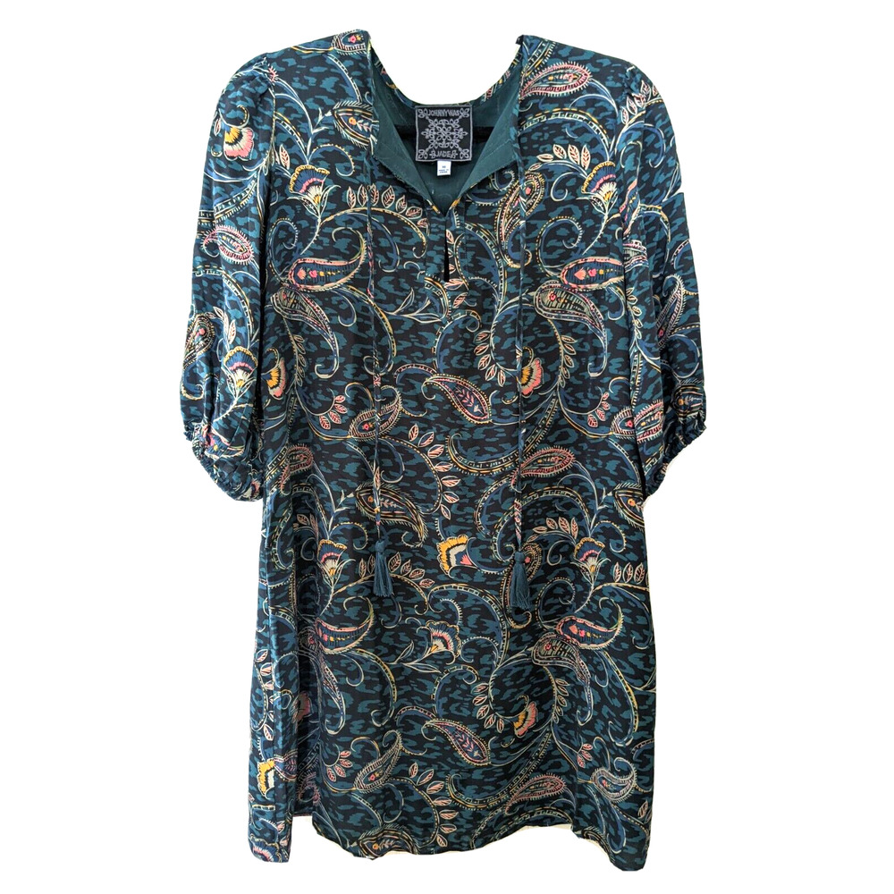 JOHNNY WAS Marzanna SILK DRESS XS Multi Print Mini Boho Slip Shift Tunic Tassels